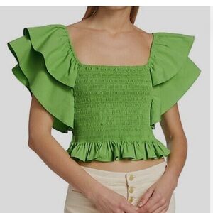 Ramy Brook Women's Green Square Neck Ruffle
Smocked Crop Top Green